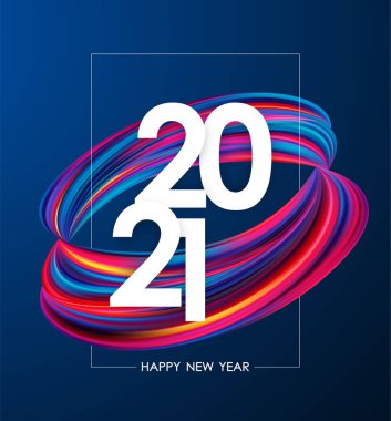 Vektör illüstrasyonu: Mutlu yıllar 2021. Renkli, soyut, bükülmüş boya şeklinde bir tebrik kartı. Moda tasarımı
