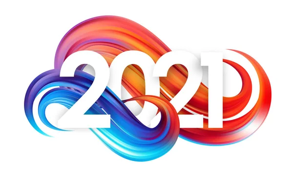 Gott nytt år. Antal 2021 på färgglada abstrakt vriden färg stroke form bakgrund. Trendig design — Stock vektor