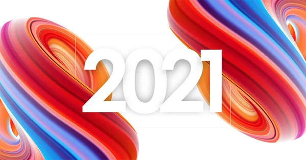 Felice anno nuovo 2021. Biglietto di auguri con colorata forma fluida astratta ritorta. Design alla moda — Vettoriale Stock