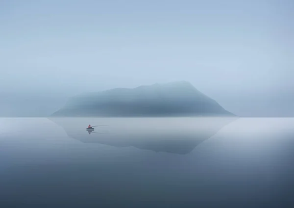 Pescador Barco Lago Lago Manhã Nevoeiro —  Vetores de Stock