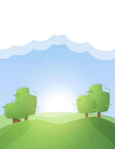 Ilustración Vectorial Paisaje Dibujos Animados Con Árboles Colinas Amanecer Nube — Archivo Imágenes Vectoriales