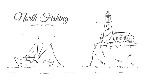 Ilustración Vectorial Dibujo Dibujado Mano Con Barco Pesca Comercial Faro — Vector de stock