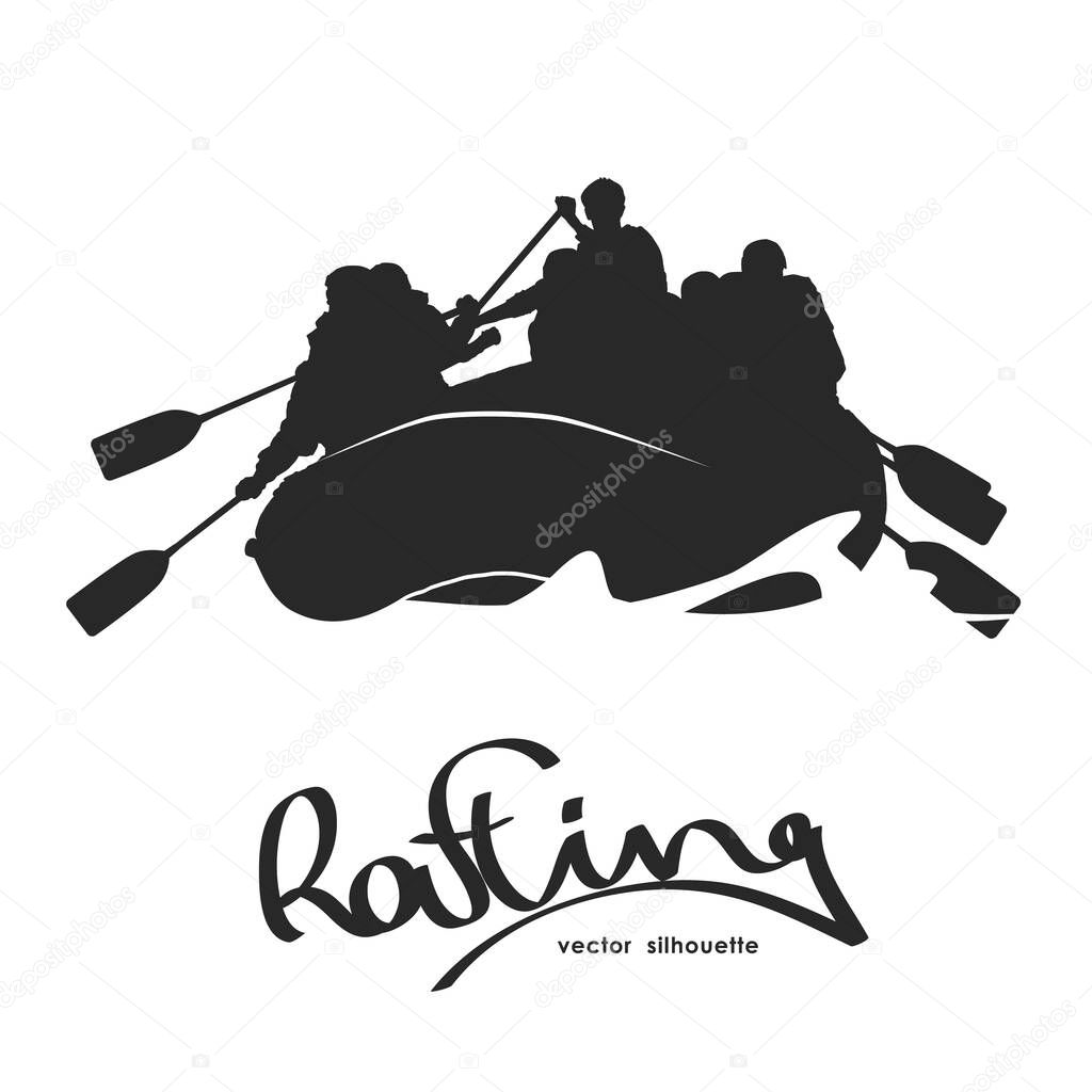 Vector illustration: Silhouette of rafting team on river