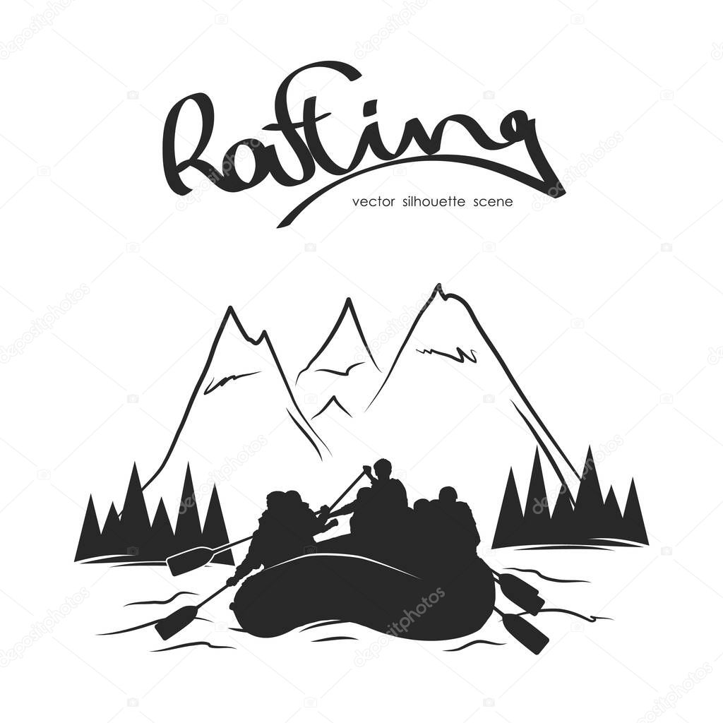 Vector illustration: Silhouette of rafting team and river on mountains background