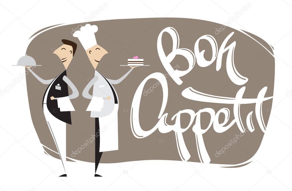 Vector illustration: Cartoon scene with waiter, chef and hand lettering of Bon appetit. Isolated on white background.