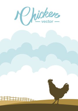 Vektör illüstrasyonu: Çiftlik alanının arka planında Horoz profili olan dikey sahne.