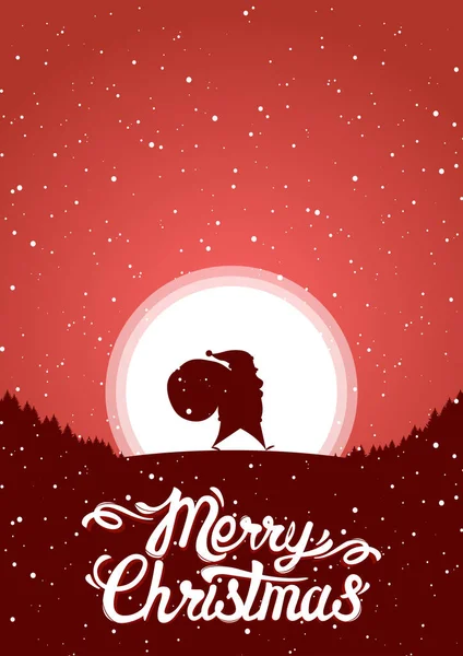 Ilustracja wektor: Santa niosąc prezenty na tle księżyca i napisy Wesołych Świąt. — Wektor stockowy