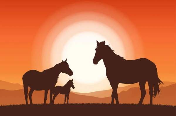 Vector illustration: Landscape with sunset and silhouette of family horses. — Stock Vector