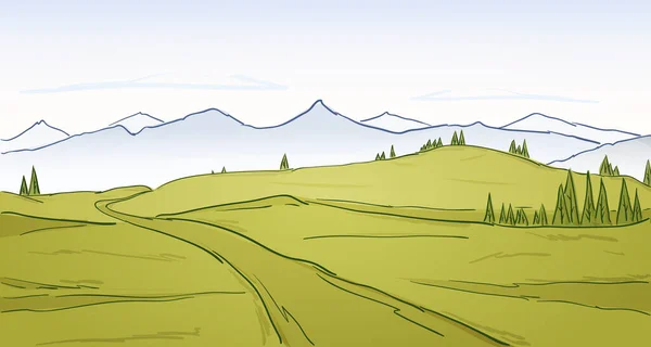 Paysage Des Montagnes Dessiné Main Avec Route Pins Collines Conception — Image vectorielle