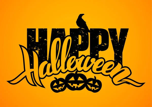 Vector Illustration Hand Drawn Lettering Composition Happy Halloween Raven Pumpkins — Stock Vector