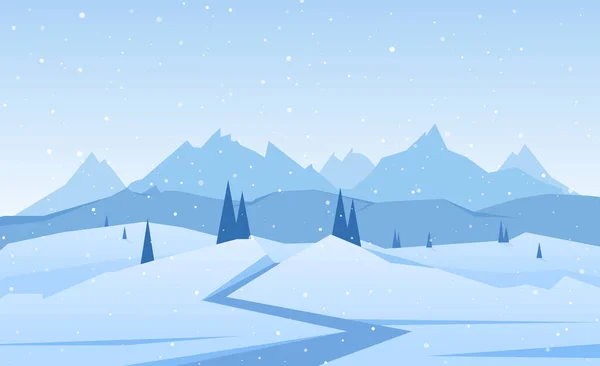 Εικονογράφηση Διάνυσμα Χειμερινά Βουνά Τοπίο Δρόμο Πεύκα Και Λόφους — Διανυσματικό Αρχείο