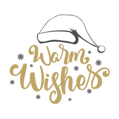 Vektör illüstrasyonu: Beyaz arka planda kar taneleri ve el çizimi Noel Baba şapkası olan Sıcak Dilekler 'in el yazısıyla yazılmış zarif modern fırça harfi.