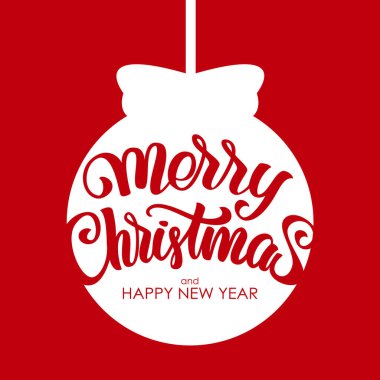 Vektör illüstrasyonu: Beyaz Noel balosunun arka planında Noel ve Mutlu Yıllar yazılı el yazısı modern fırça kaligrafisi.