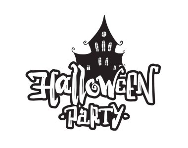 Cadılar Bayramı Partisi tarzı, içinde perili cadı evi silueti olan bir poster kompozisyonu.