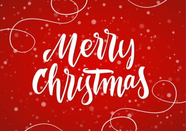 Vektör illüstrasyonu: Mutlu Noeller. Kırmızı kar tanesi arka planında elle çizilmiş zarif modern fırça harfleri..