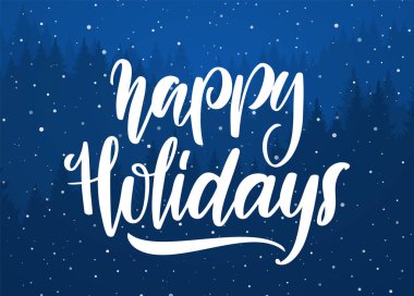 Mavi orman arka planında Mutlu Tatiller 'in zarif modern fırça harfleri..