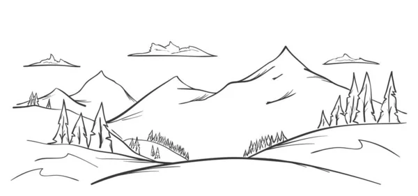 손으로 산들이 소나무 구름으로 풍경을 스케치 — 스톡 벡터