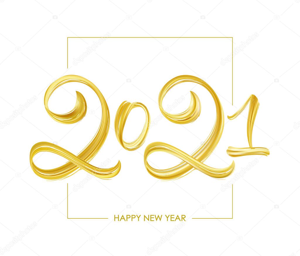 Vector Handwritten brush golden paint lettering of 2021. Happy New Year