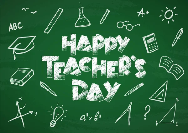 Happy Teacher Day Vektor Grußkarte Mit Handgezeichneten Kritzeleien Lieferungen Auf — Stockvektor