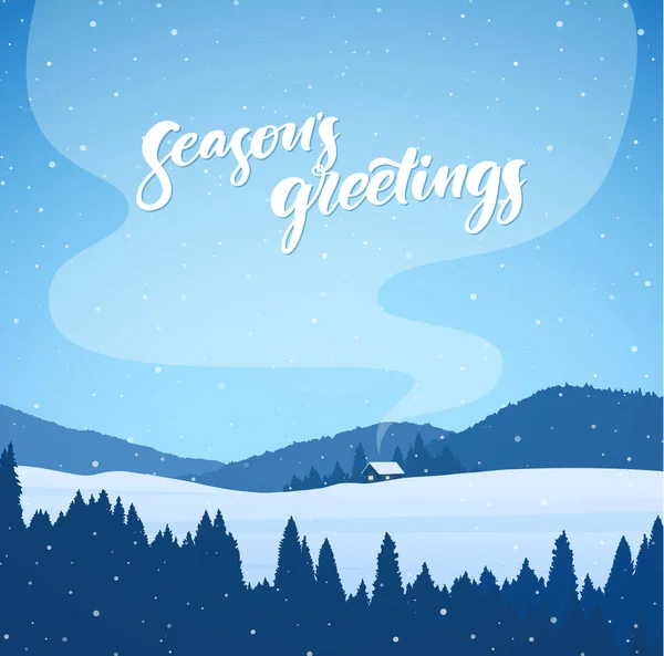 Vektör illüstrasyonu: Kış karlı dağların karlı manzarası, karikatür evleri ve sezonun dumanlı arka planındaki selamlamalarının el yazısı..