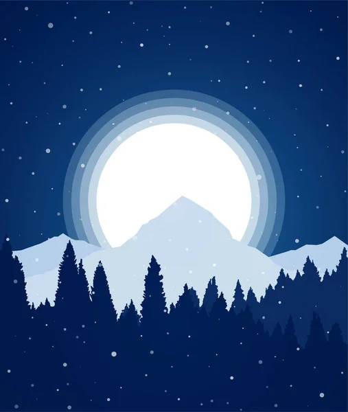 Ilustración Vectorial Noche Invierno Nevado Plano Montañas Paisaje Con Bosque — Vector de stock