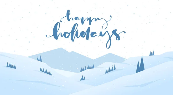 矢量图解 蓝色的冬季雪景 手书写着快乐假期 松树和高山 圣诞快乐 新年快乐 — 图库矢量图片