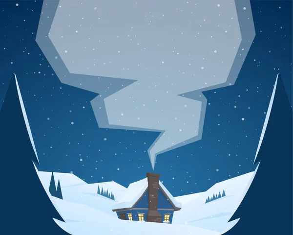 Invierno Noche Dibujos Animados Montañas Paisaje Con Casa Humo Chimenea — Vector de stock