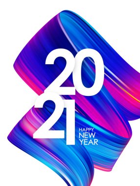 Vektör illüstrasyonu: Mutlu yıllar. Mavi soyut boya vuruşlu 2021 sayısı. Moda tasarımı