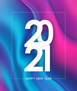 Mutlu yıllar 2021. Holografik sıvı zeminli selamlama posteri. Moda tasarımı.