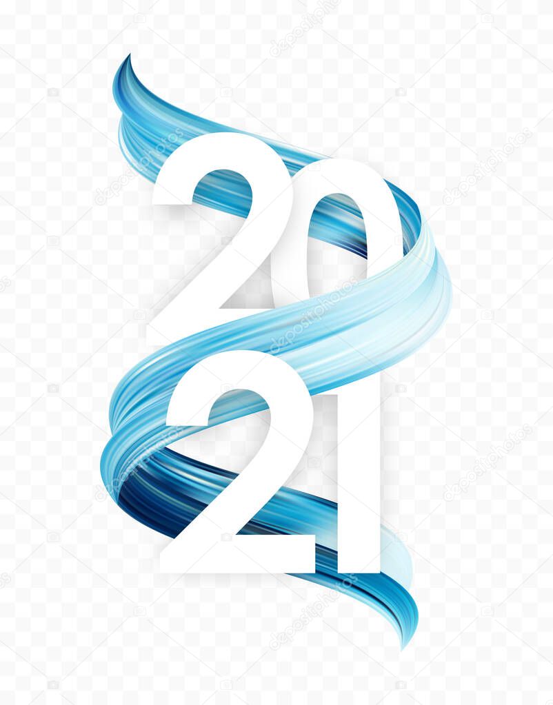 Happy New Year. Number of 2021 with blue abstract paint stroke shape. Trendy design