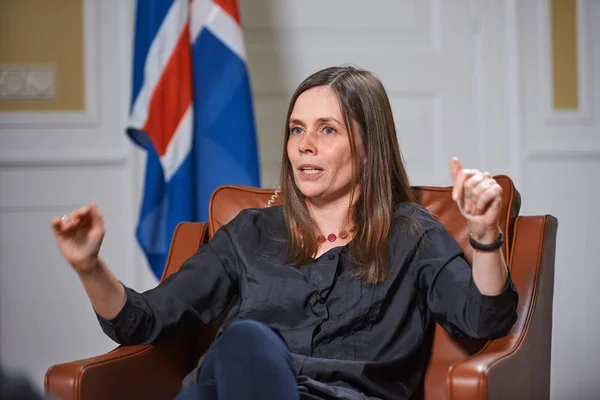 Reykjavik, İzlanda/Haziran 14,2018: Başbakan, İzlanda Katrin Jakobsdottir Rus televizyon röportajı sırasında