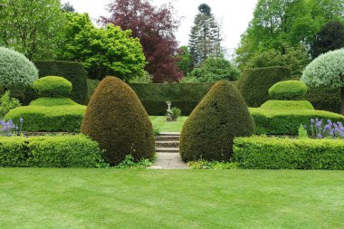 Doğal görünüm taş döşeli yolu çukur çim çim ve Bahçe çiçek yatakta