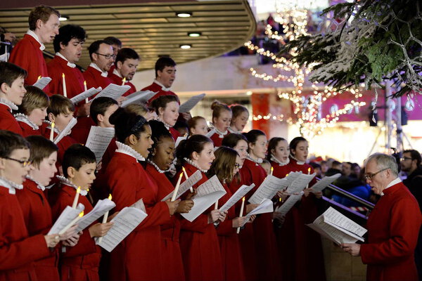 Bristol, UK - November 7, 2014: Bristol Cathedral Choir perform in Cabot Circus shopping mall