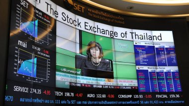28 Ağustos 2013, Bangkok, Tayland. Tayland Borsası 'nın elektronik hisse senedi görüntüsü