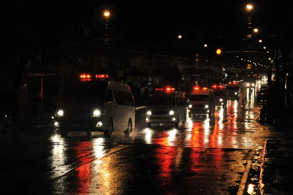 Mini Buses Red Lights Moving Road — Stock Photo, Image