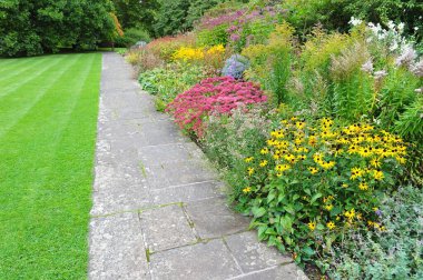 Parkta yol yeşillikle kaplı.