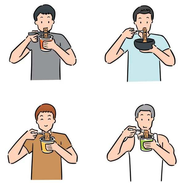 Vector Set Man Eten Noodle — Stockvector