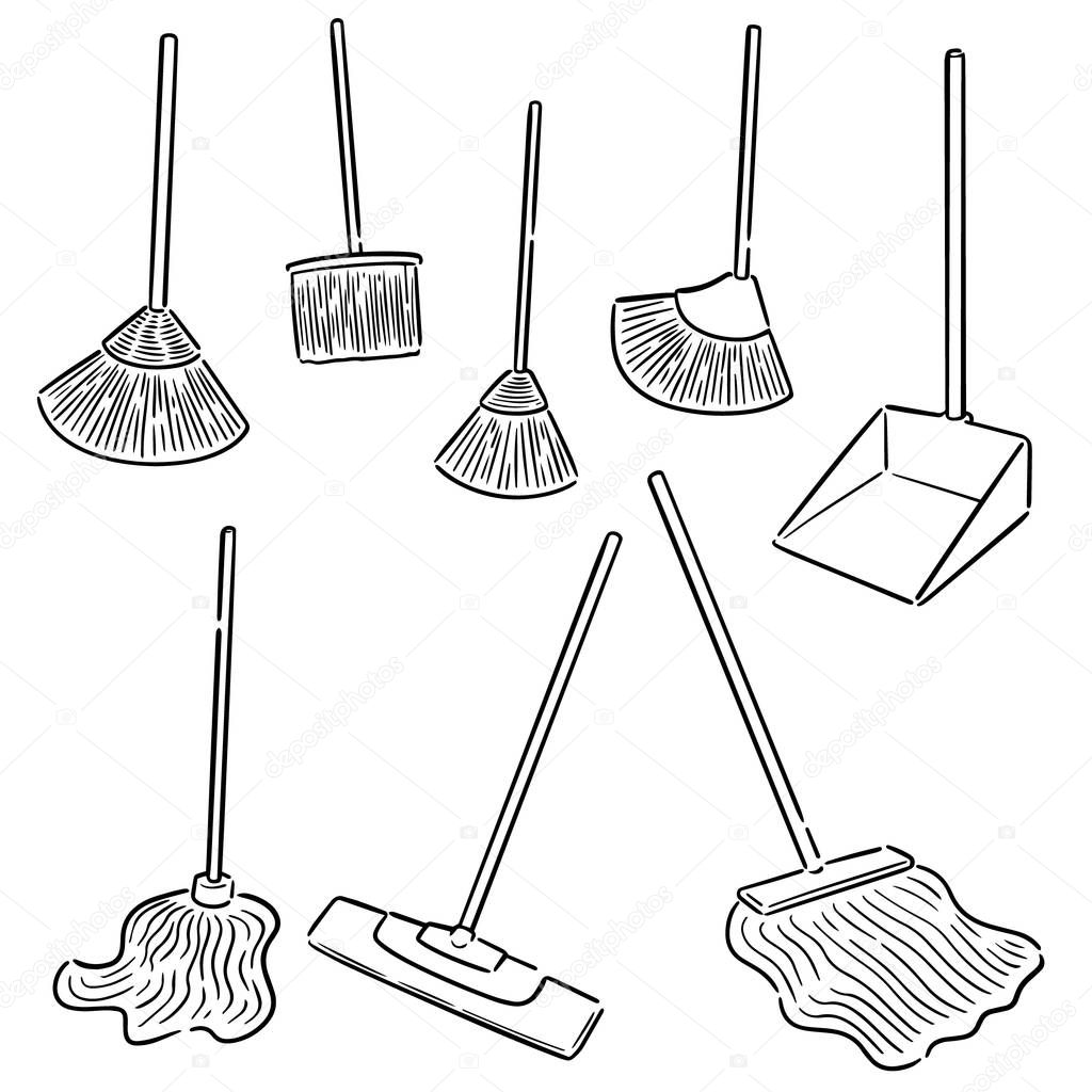 vector set of broom and cleaning mop