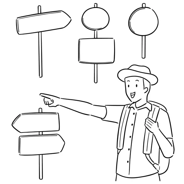 Ensemble Vectoriel Voyageur Poteau Direction — Image vectorielle