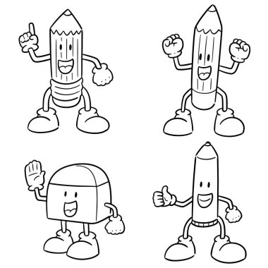 kalem, kurşun kalem ve silgi çizgi film dizi vektör