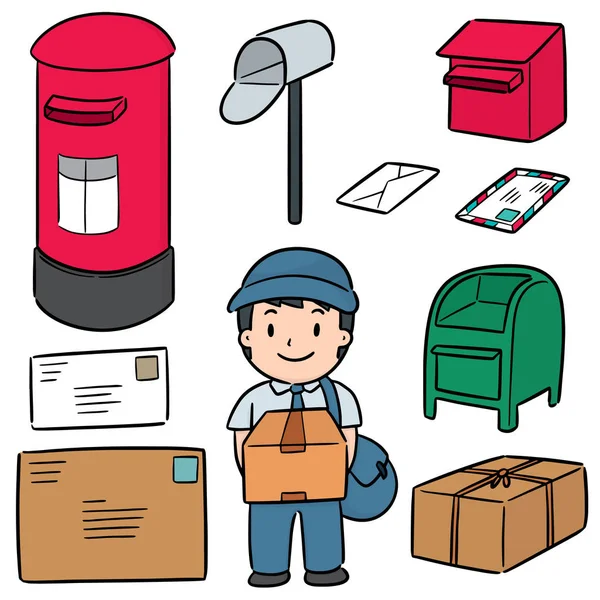 Векторный набор почтальона и почтового ящика — стоковый вектор
