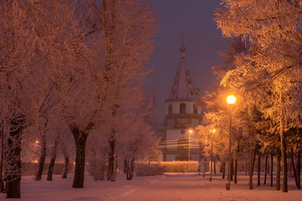Καθεδρικός Ναός Των Θεοφανίων Στο Ιρκούτσκ Ένα Χειμερινό Βράδυ — Φωτογραφία Αρχείου