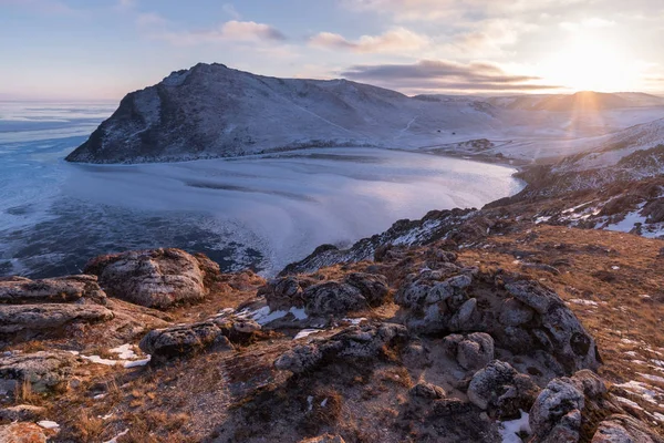 Solnedgång Över Aya Bay Vintern Baikal — Stockfoto