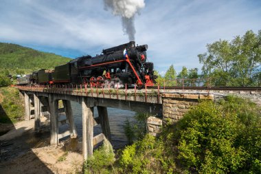 Köprü üzerinde eski bir buharlı tren yolculuğu