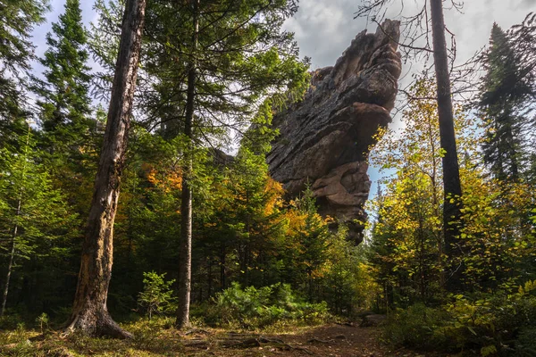 Pedra no outono Floresta siberiana — Fotografia de Stock