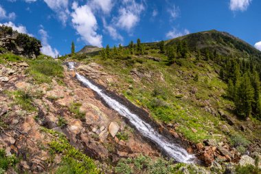 Chersky tepesinin altındaki bir derede şelale, Khamar-Daban sıradağları