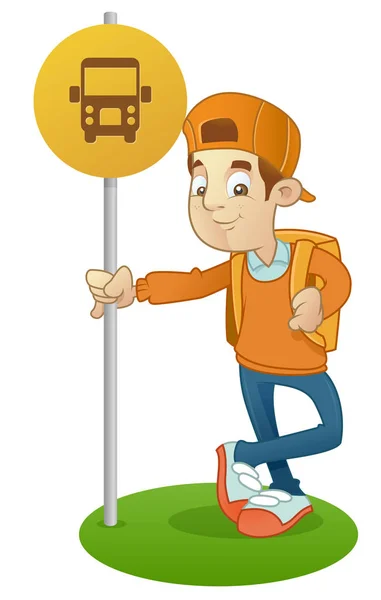 Niño de la escuela esperando un autobús — Vector de stock