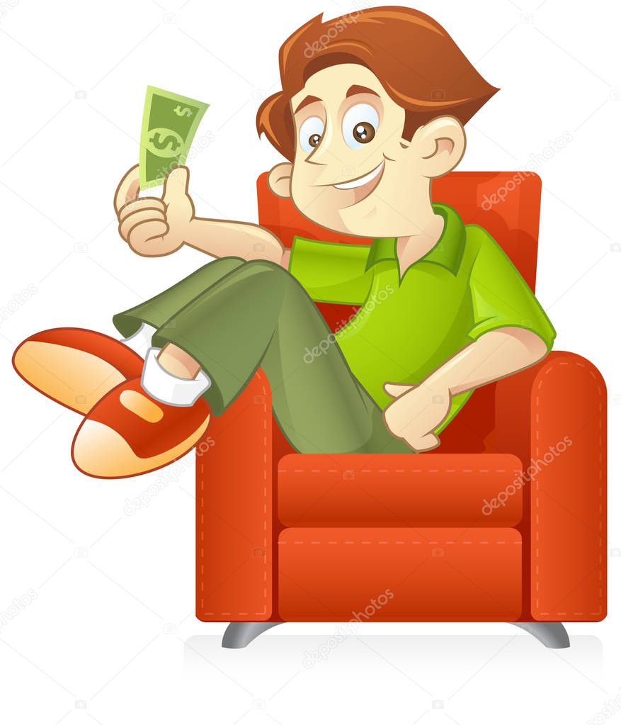 Young Kid with Money Sitting on a Sofa