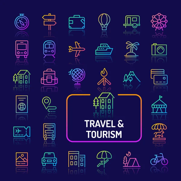 Juego de iconos de línea de gradiente de viaje, turismo y vacaciones (EPS 10 ) — Vector de stock