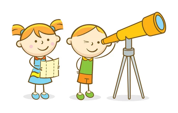 Niños mirando a través del telescopio — Vector de stock
